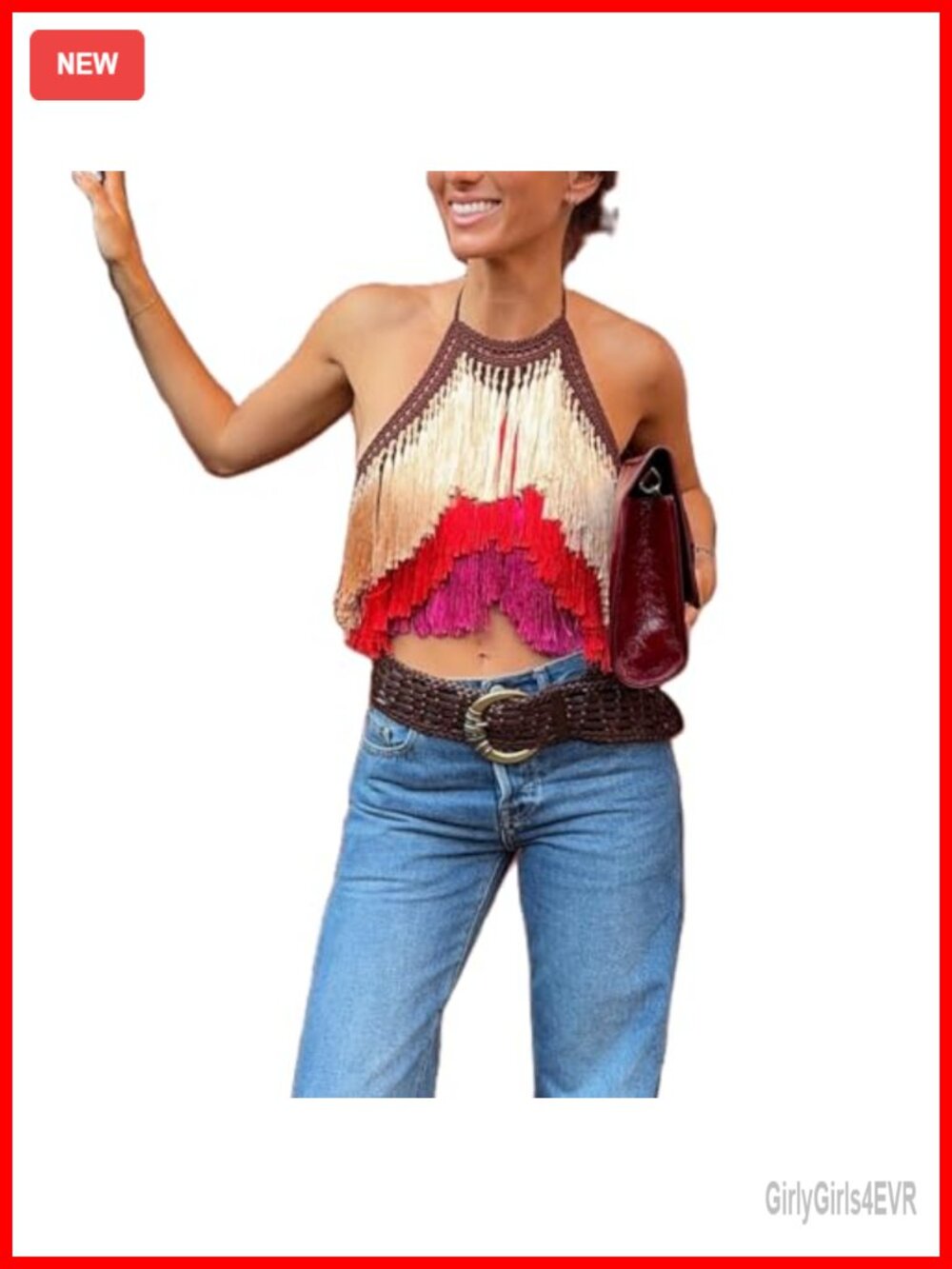 Women Fringe Halter Tank Top Sleeveless Backless Tassel Y2K Crop Cami